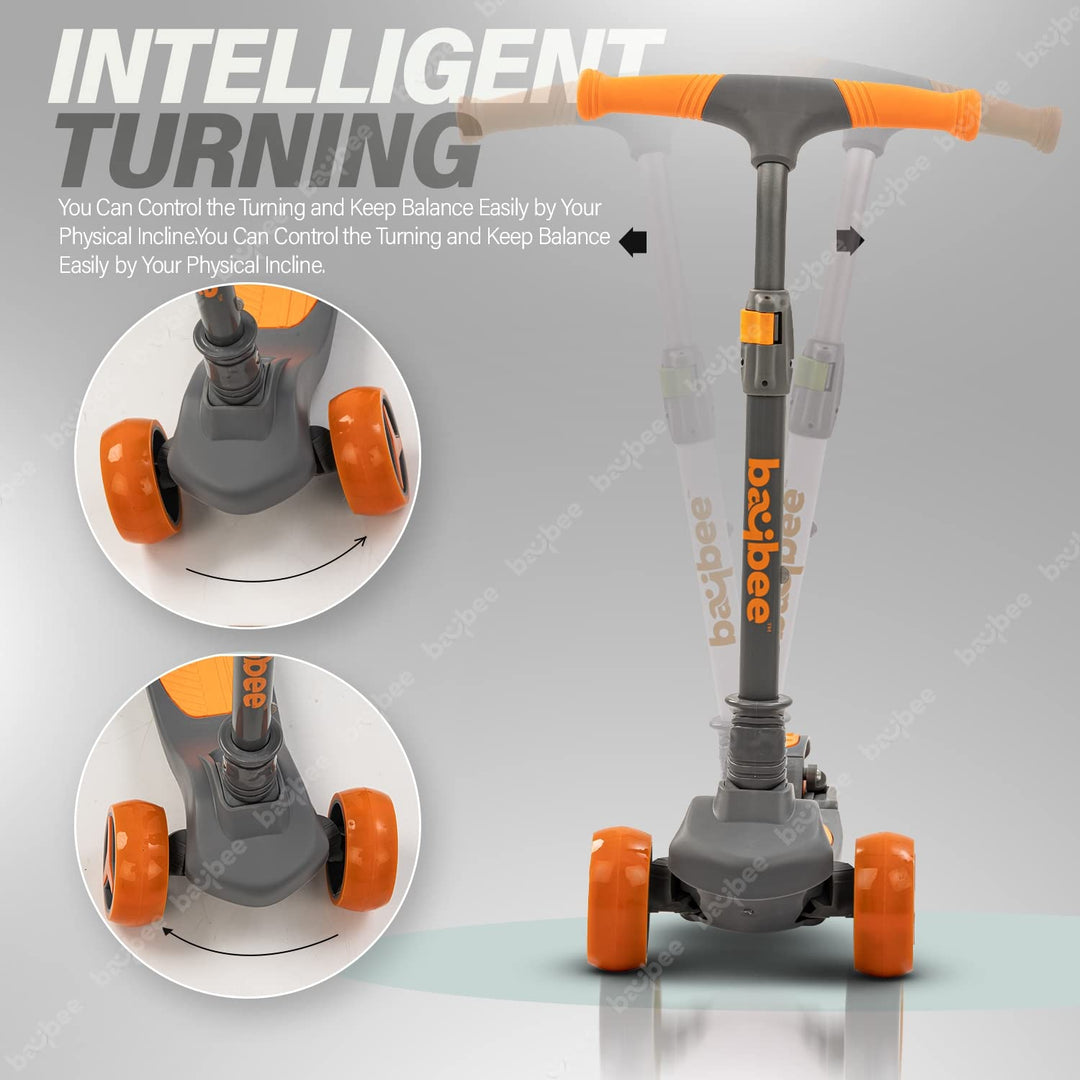 Baybee Laguna Skate Scooter for Kids, 3 Wheel Smart Kids Scooter with Rear Spring Suspension, 4 Height Adjustable Handle & LED PU Wheels | Runner Kick Scooter for Kids 3 to 8 Years Boys Girls (Orange)
