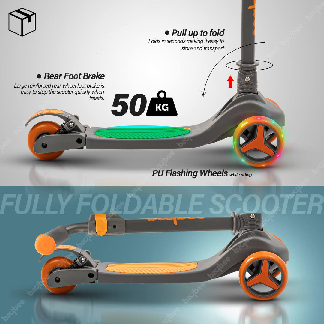 Baybee Laguna Skate Scooter for Kids, 3 Wheel Smart Kids Scooter with Rear Spring Suspension, 4 Height Adjustable Handle & LED PU Wheels | Runner Kick Scooter for Kids 3 to 8 Years Boys Girls (Orange)