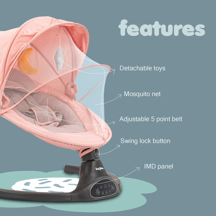 Premium Automatic Electric Baby Swing Cradle with Adjustable Swing Speed, Soothing Vibrations & Music | Baby Rocker with Mosquito Net, Safety Belt & Removable Baby Toys Swing for Baby (Pink)