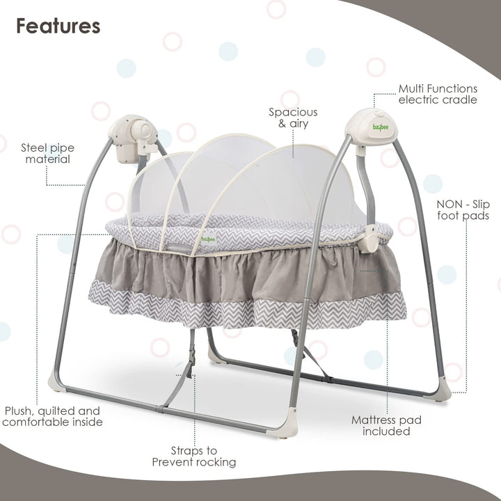 Electric Cradle for Baby, Automatic Swing Baby Cradle with Mosquito Net, Remote, Toy Bar & Music | Baby Cradle Crib Jhula | Baby Swing Cradle for Baby 0 to 2 Years Boys Girls (Grey)