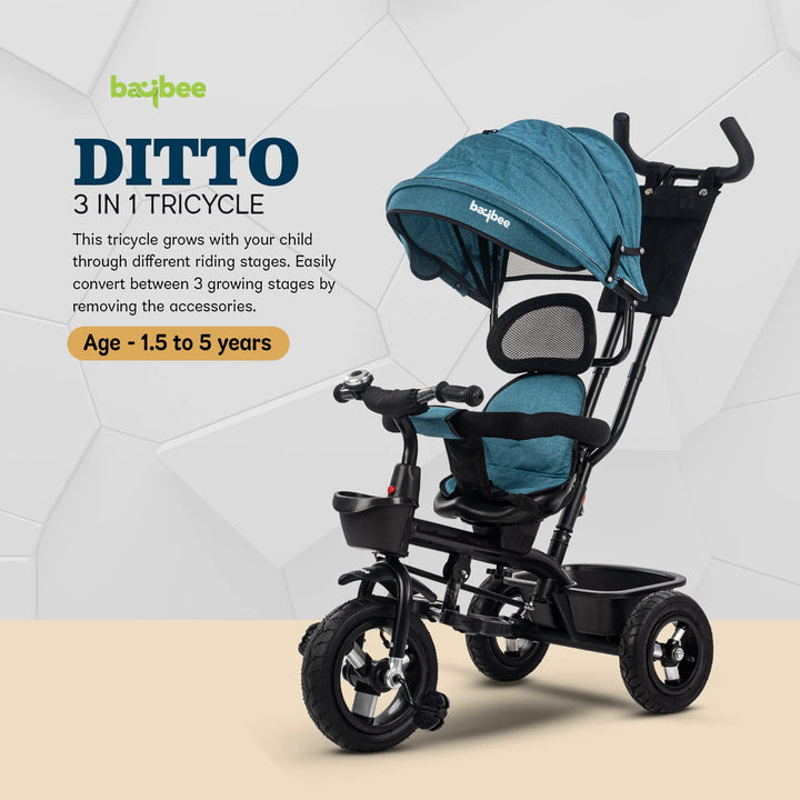 3 in 1 Ditto Baby Tricycle for Kids with Rubber Wheels, Canopy & Parental Adjustable