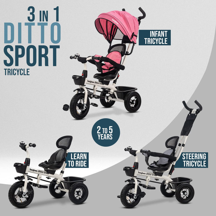3 in 1 Ditto Baby Tricycle for Kids with Rubber Wheels, Canopy & Parental Adjustable Push Handle | Baby Kids Cycle Trikes | Kids Tricycle Cycle for Kids 1 to 5 Years Boys Girls