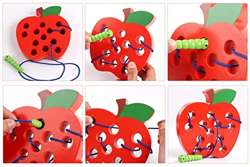 Wooden Apple Lacing Fruits Threading Game Puzzle Kids Toys, Apple Wooden Toys with Caterpillar Lace, Learning Educational Baby Toys Block Puzzle for Kids 3+ Years Boys Girls