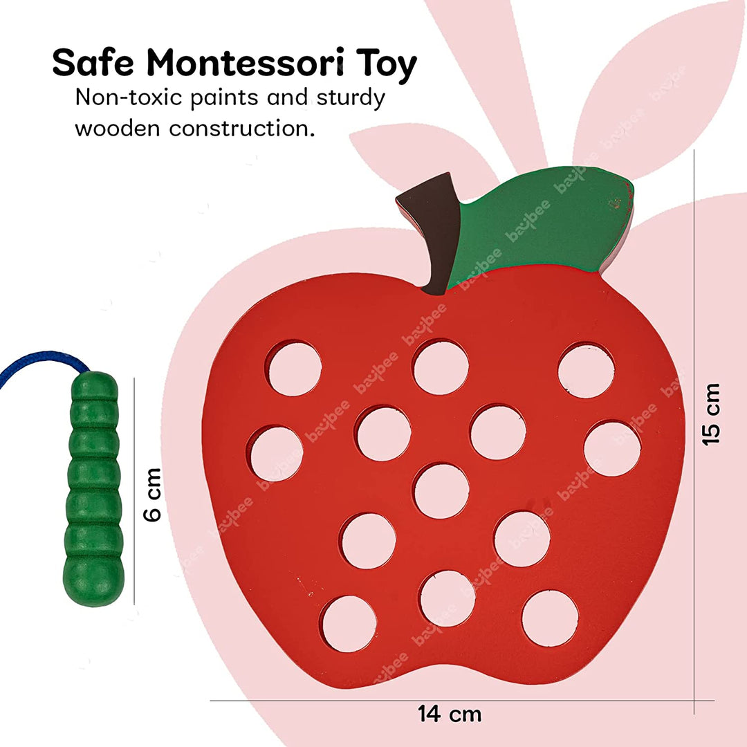 Wooden Apple Lacing Fruits Threading Game Puzzle Kids Toys, Apple Wooden Toys with Caterpillar Lace, Learning Educational Baby Toys Block Puzzle for Kids 3+ Years Boys Girls