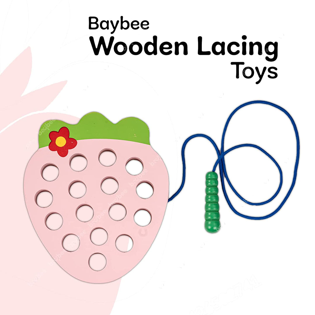 Wooden Strawberry Lacing Fruits Threading Game Puzzle Kids Toys, Strawberry Wooden Toys with Caterpillar Lace, Learning Educational Baby Toys Block Puzzle for Kids 3+ Years Boys Girls