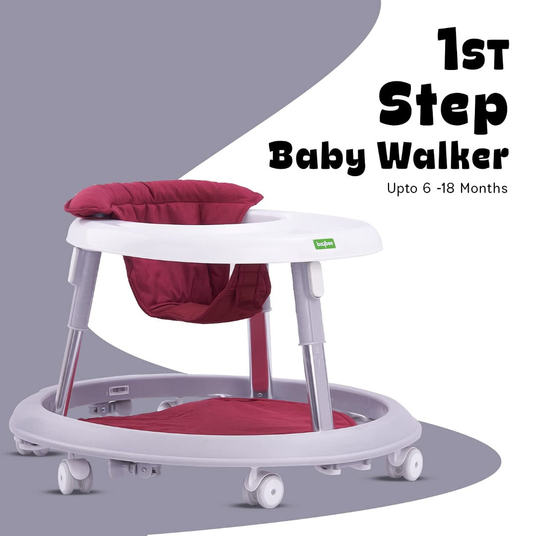 First Step Baby Walker for Kids with 3 Position Adjustable Height, Rubber Wheel & Stopper - Anti-Rollover, Foldable Activity Walker for Toddlers & Infant Baby Walker Age 6-18 Months