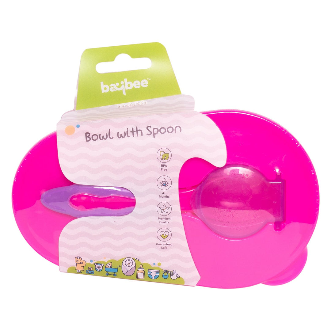 Feeding Bowl with Spoon soft tips fits easily into diaper bags  (Dark Pink)
