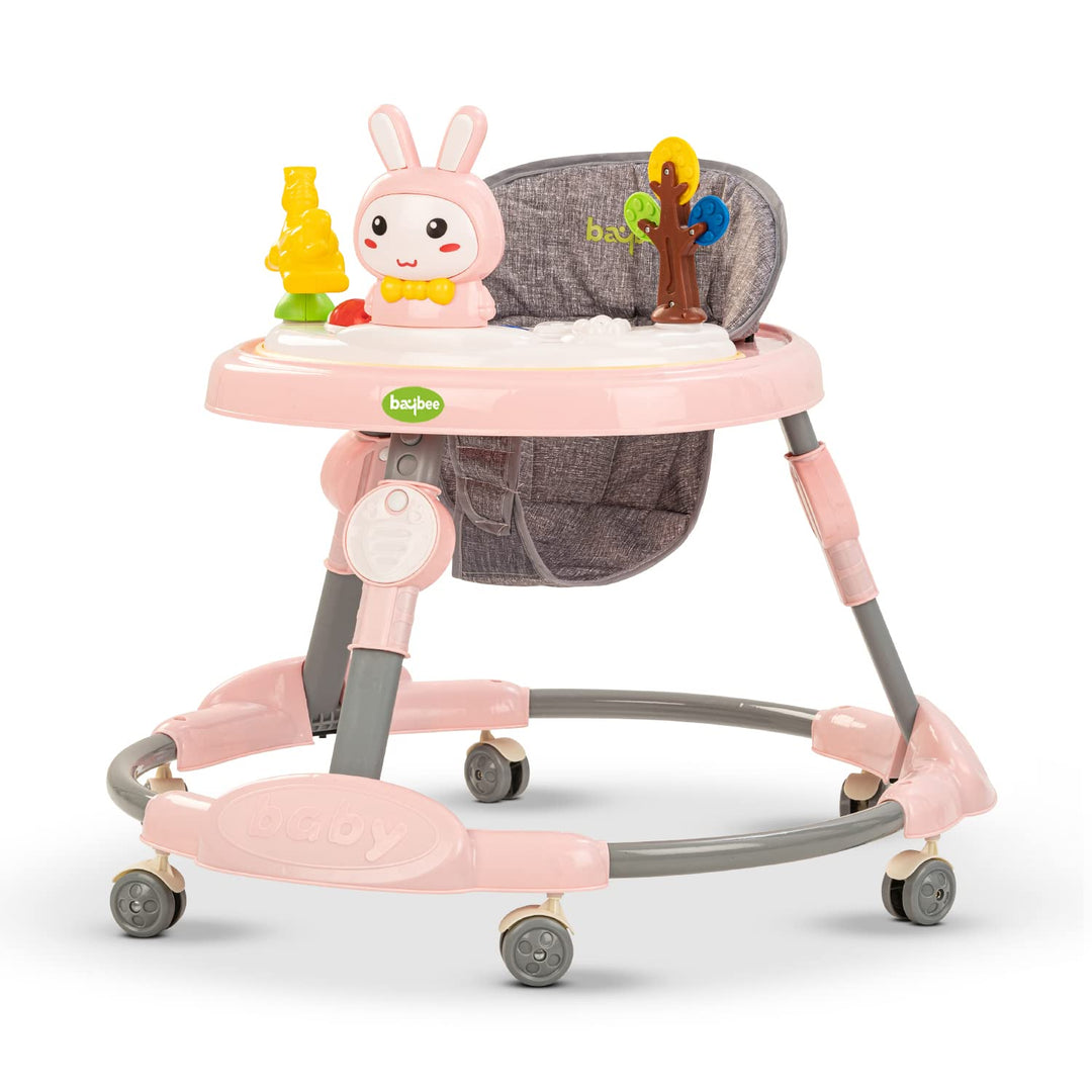 Bessie Baby Walker for Kids, Foldable Kids Walker with 3 Seat Height Adjustable, Cushion Seat | Activity Walker for Baby with Musical Toy | Push Walker Baby 6-18 Months Boy Girl (Pink)