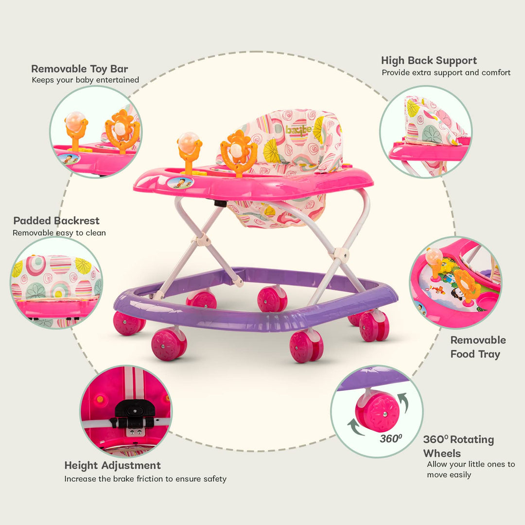 Bruno Baby Walker for Kids, Foldable Kids Walker with 3 Height Adjustable | Walker for Baby with Tray & Musical Toy Bar | Kids Activity Walker | Walker Baby 6-18 Months Boy Girl (Pink)
