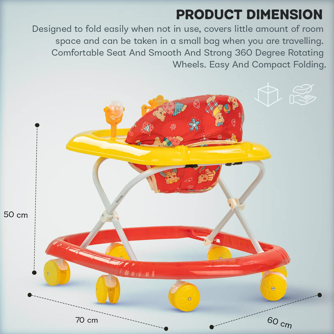 Bruno Baby Walker for Kids, Foldable Kids Walker with 3 Height Adjustable | Walker for Baby with Tray & Musical Toy Bar | Kids Activity Walker | Walker Baby 6-18 Months Boy Girl (Red)
