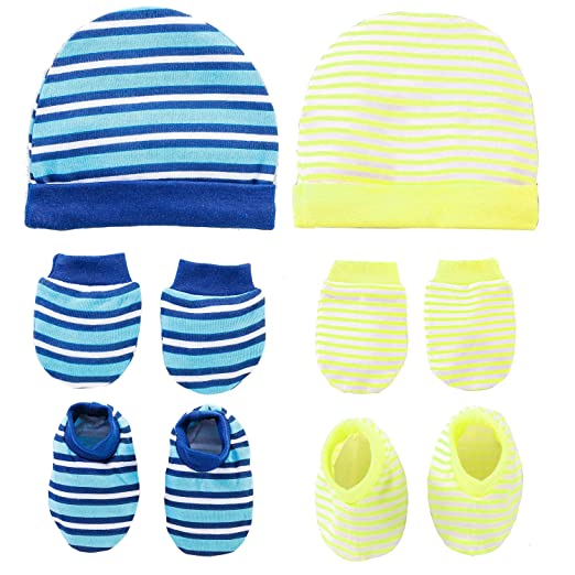 New Born Baby Cap with Mittens and Booties Combo Set for 0-3 Months Boys and Girls Soft Cotton Cap Set Unisex Babies Pack of 2 (Assorted)