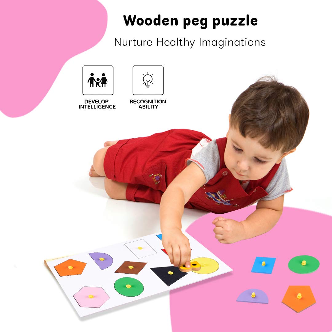 Wooden Geometric Shape & Color Puzzle, Educational Brain Games for Kids (10 Shapes & Colors) Early Educational Learning Playing Toys, Wooden Puzzle for Kids, Children Boys & Girls