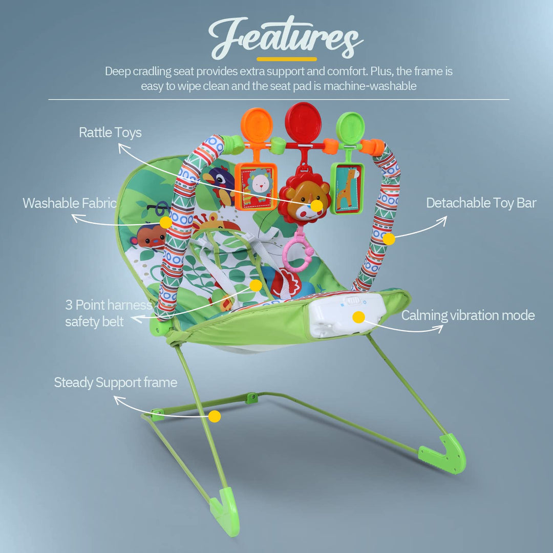 Baby Rockers Bouncer Chair for New Born Babies Portable Baby Rocker Cum Reclining Chair for Kids with Vibrations & Musical Toys for 0 to 2 Years Boys & Girls -(Green)