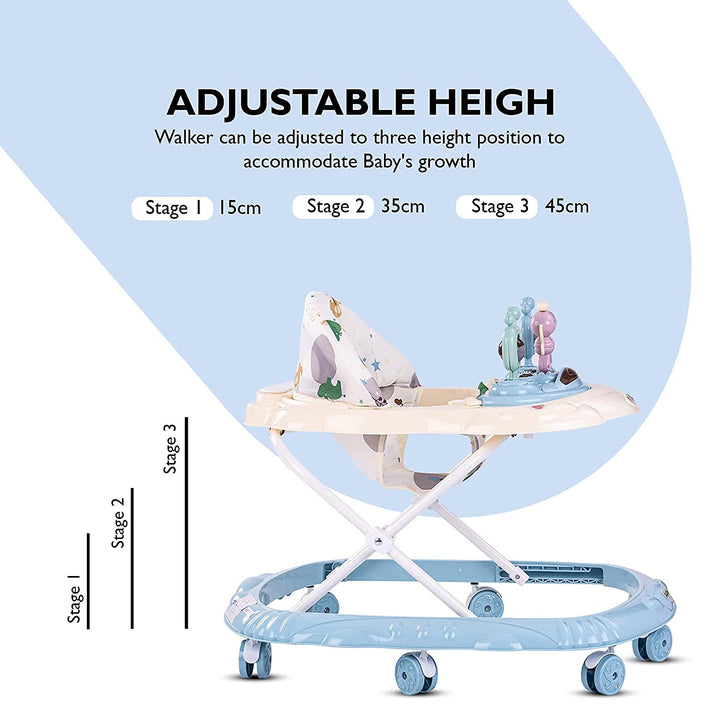 Baby 7 Wheel Walker Stroller Smart Witty Plastic Round Baby Walker with Adjustable Height and Music Toy Bar Rattles for Kid 6 Months to 10 Months