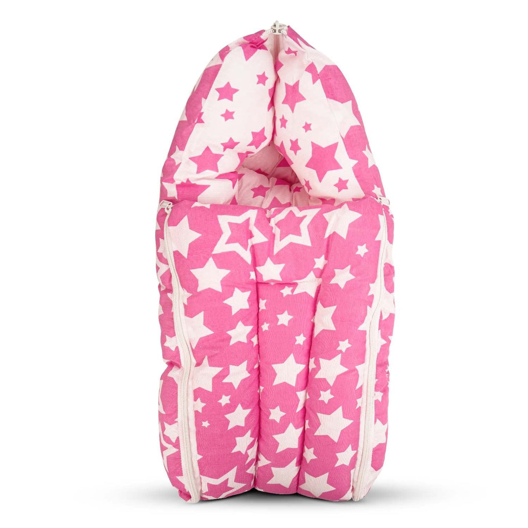 Cotton Baby Carry Bed Cum Sleeping Bag Bed for New Born Baby 3 in 1 Star Printed Portable Sleeping Bed 0-6 Months (Pink/White)