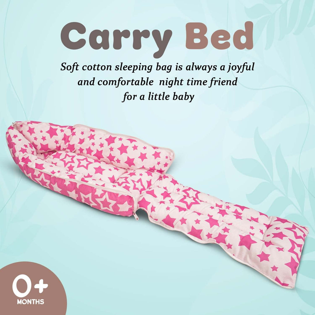 Cotton Baby Carry Bed Cum Sleeping Bag Bed for New Born Baby 3 in 1 Star Printed Portable Sleeping Bed 0-6 Months (Pink/White)
