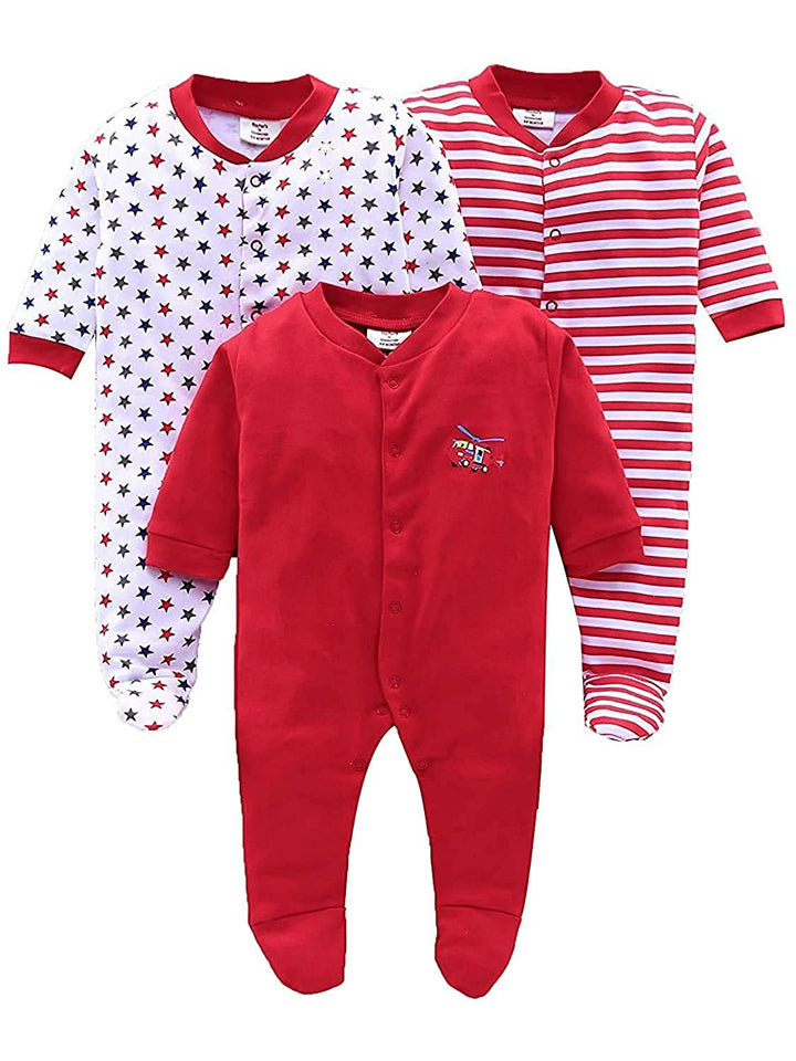 Cotton Full Sleeve Baby Bodysuits Romper for New Born Infant Rompers Sleep Suit for Baby Boys and Baby Girls Footies for Babies Prints Color May Vary Combo Pack of 3