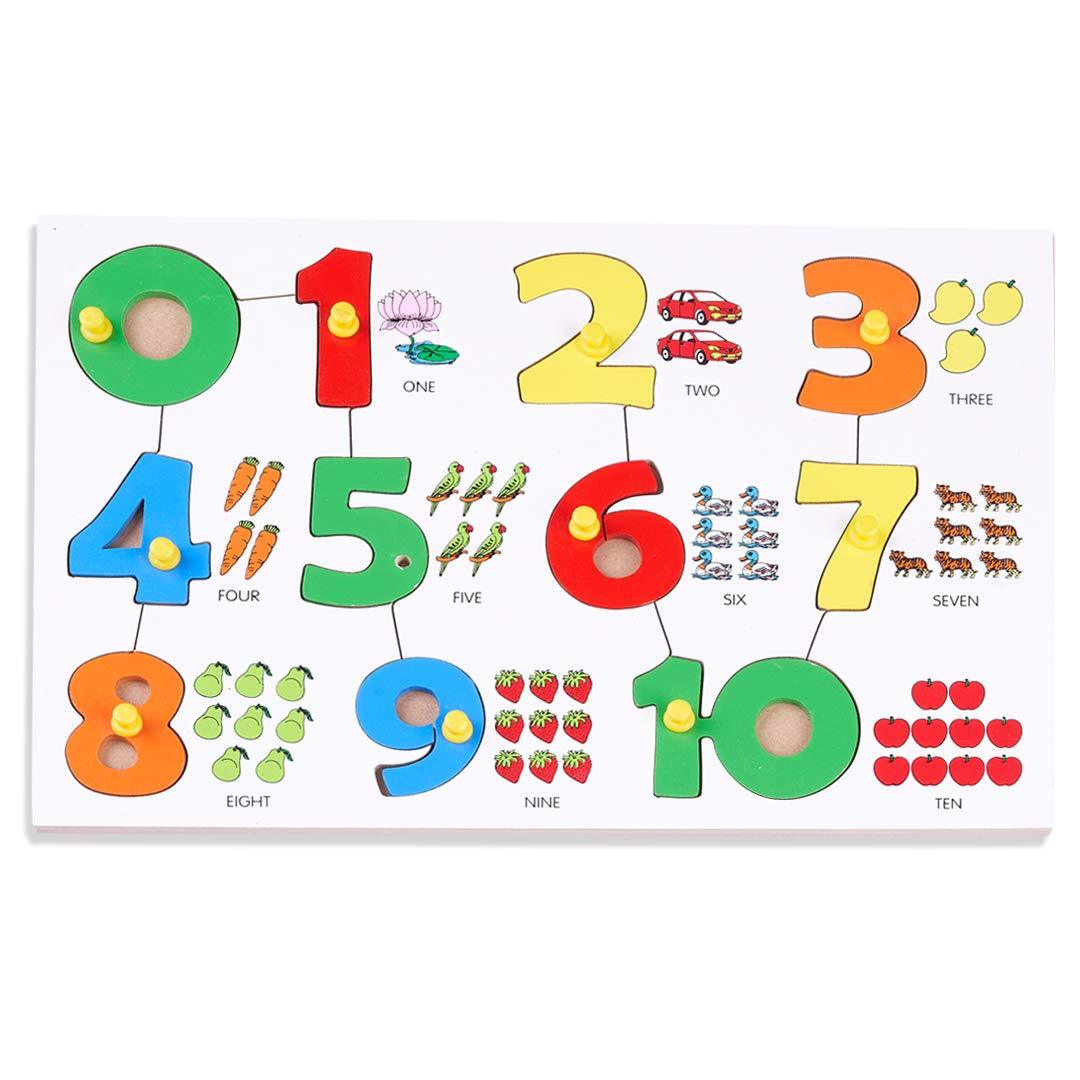 Wooden Number with Object Match and Colour Learning Educational Board for Kids, 0 to 9 Number Puzzle with Knob, Educational Learning Wooden Puzzle Board for Kids, Children Boys & Girls