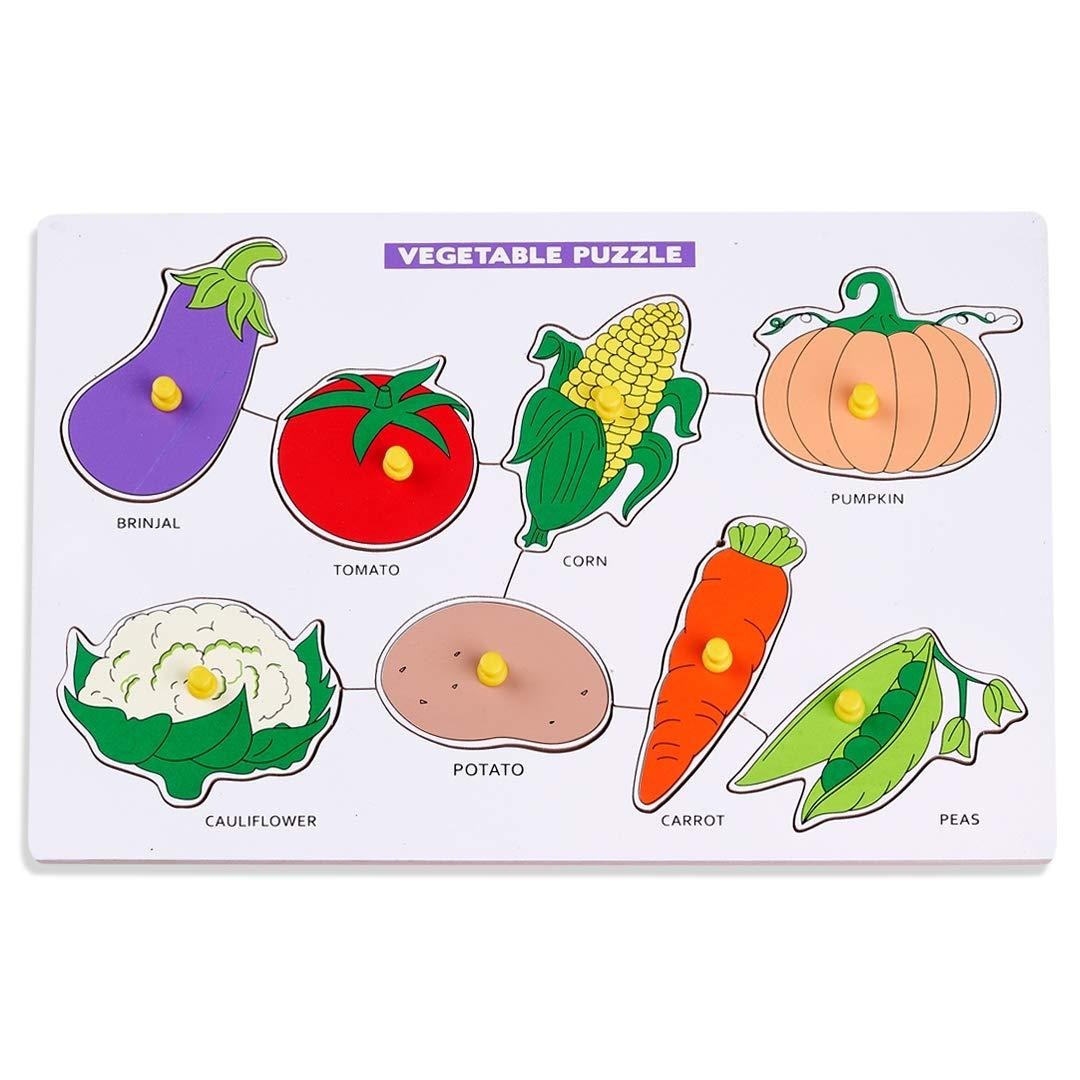 Wooden Vegetables Puzzle with Picture Educational Board for Kids 8 Vegetables with Knob, Early Educational Learning Wooden Peg Puzzle Board for Kids, Children Boys & Girls