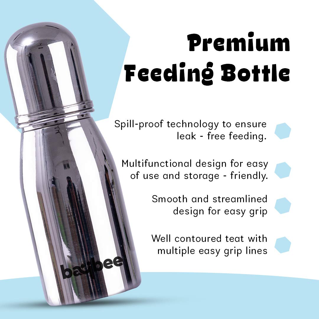 Premium Stainless Steel Feeding Bottle for Baby | Non-Toxic Baby Feeding Bottle for Kids Silicone Nipple, Milk, Water Feeding Bottle for Babies (Round, 220 ML)