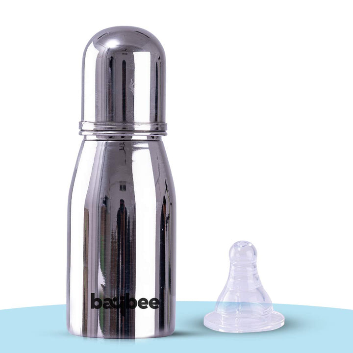 Premium Stainless Steel Feeding Bottle for Baby | Non-Toxic Baby Feeding Bottle for Infants Silicone Nipple, Milk, Water Feeding Bottle for Babies(Oval, 220 ML)