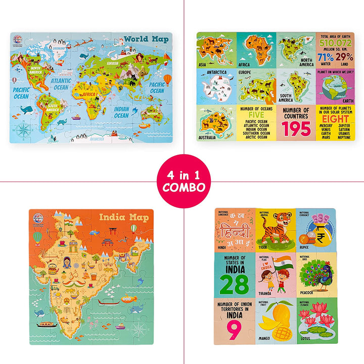 Ratna's Kids Match and Learn about India and World Map 84 Pieces 4 in 1 Combo With 12 Flash Cards Double Sided Jigsaw Puzzle Educational Toy for Kids 3+ Years