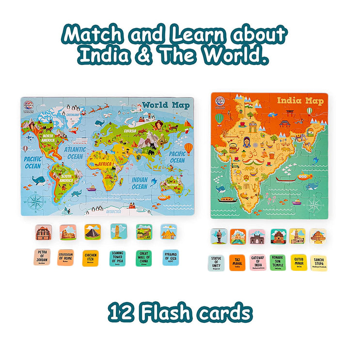 Ratna's Kids Match and Learn about India and World Map 84 Pieces 4 in 1 Combo With 12 Flash Cards Double Sided Jigsaw Puzzle Educational Toy for Kids 3+ Years