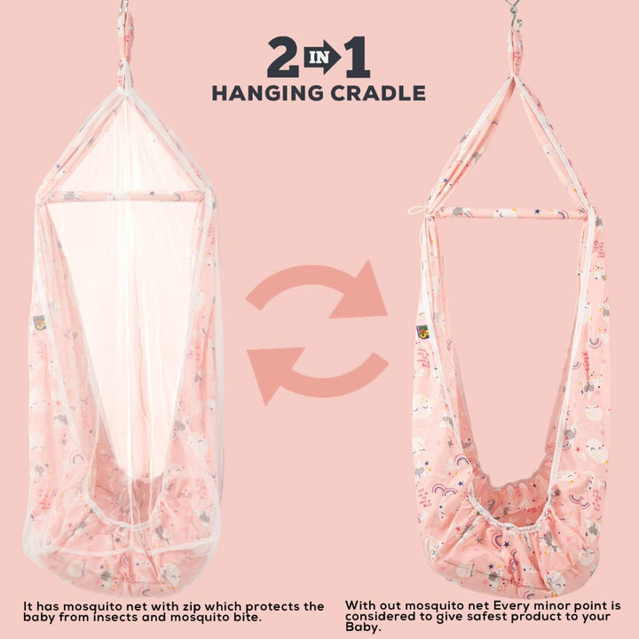 Cuddle Newborn Baby Boy's and Girl's Sleep Cotton Randy Hanging Swing Cradle/Jhula/Jhoola/Bed/Bedding Set with Net and Spring for 0-12 Months Babies