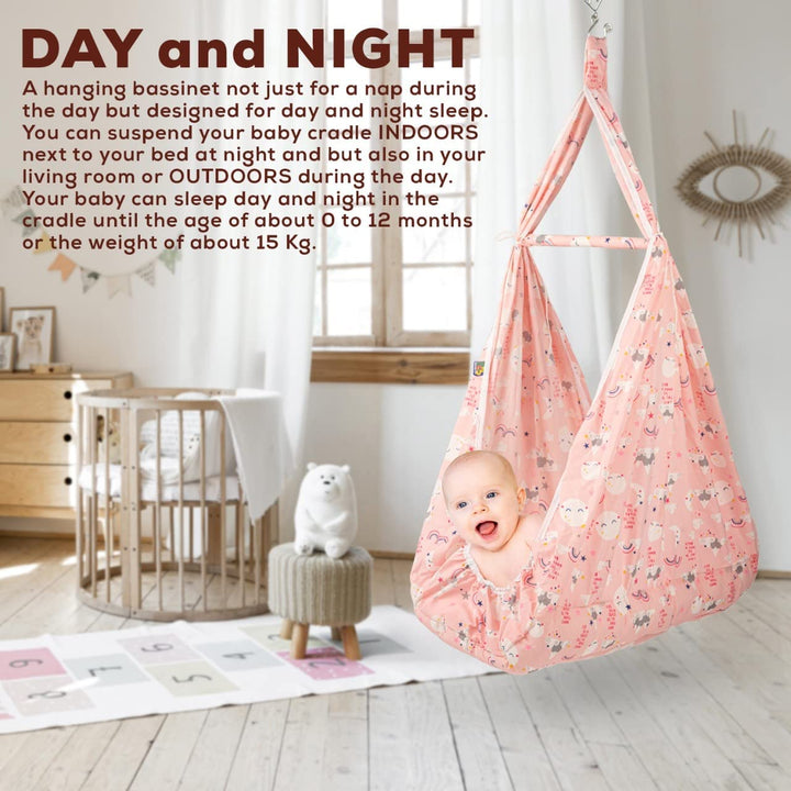 Cuddle Newborn Baby Boy's and Girl's Sleep Cotton Randy Hanging Swing Cradle/Jhula/Jhoola/Bed/Bedding Set with Net and Spring for 0-12 Months Babies