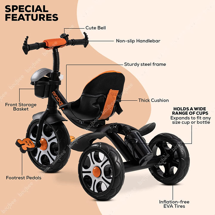 Rockstar Pro Tricycle for Kids, Plug n Play Kids Cycle Trikes with Basket, Cushion Seat, Belt & Bottle | Baby Children's Cycle | Baby Tricycle Cycle for Kids 2 to 5 Years Boys Girls