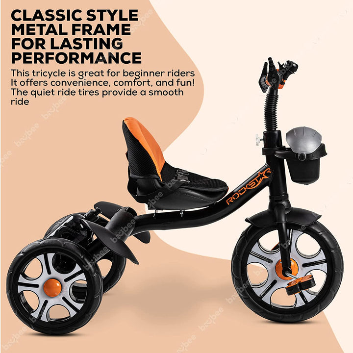 Rockstar Pro Tricycle for Kids, Plug n Play Kids Cycle Trikes with Basket, Cushion Seat, Belt & Bottle | Baby Children's Cycle | Baby Tricycle Cycle for Kids 2 to 5 Years Boys Girls