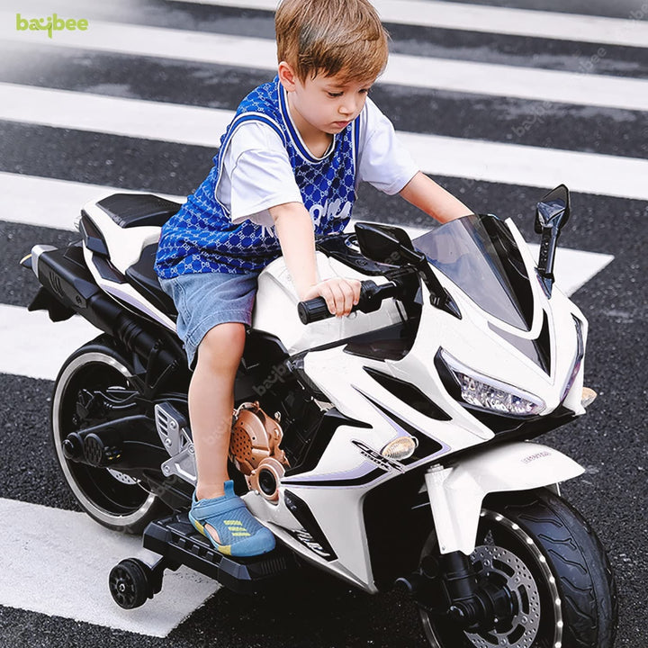 CBR Kids Battery Operated Bike for Kids, Racing Kids Bike with Light & Music | Baby Bike Ride on Toy Rechargeable Battery Bike | Electric Bike for Kids to Drive 2 to 8 Years Boy Girl (White)