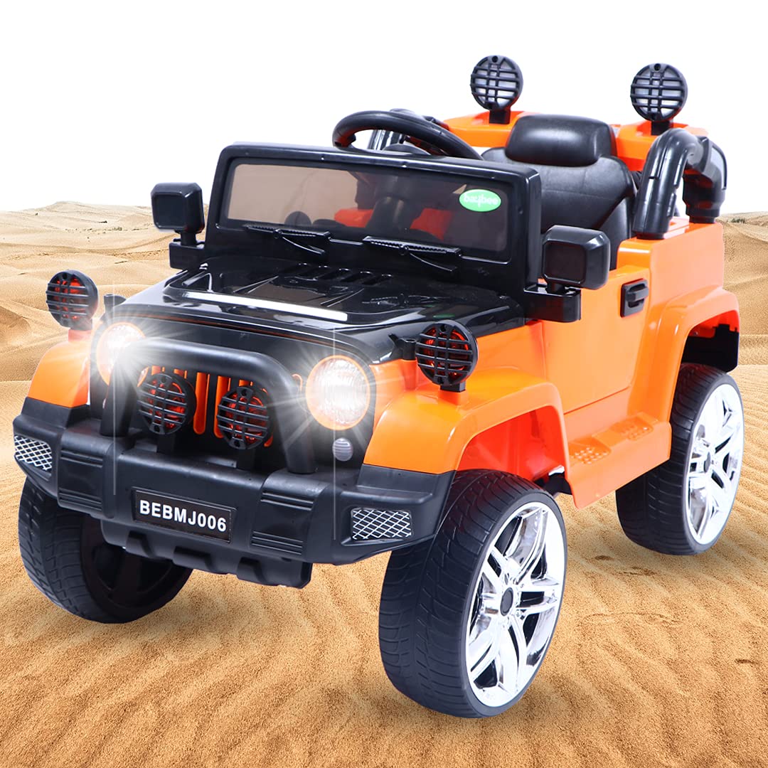 Electric Ride on Car for Kids with Rechargeable Battery,Music,Lights Baby Toy Car with R/C Jeep Racing Car| Battery Operated Ride on Motor Car for Kids (Jeep, Orange)