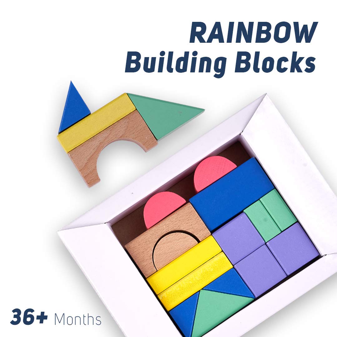 Wooden Rainbow Building Blocks Toys for Kids, Wooden Toys with 15 Pcs Color Blocks for Kids to Develop Thinking Skills, Kids Toys with Shapes & Colors Sorting, Jigsaw Puzzle for Kids