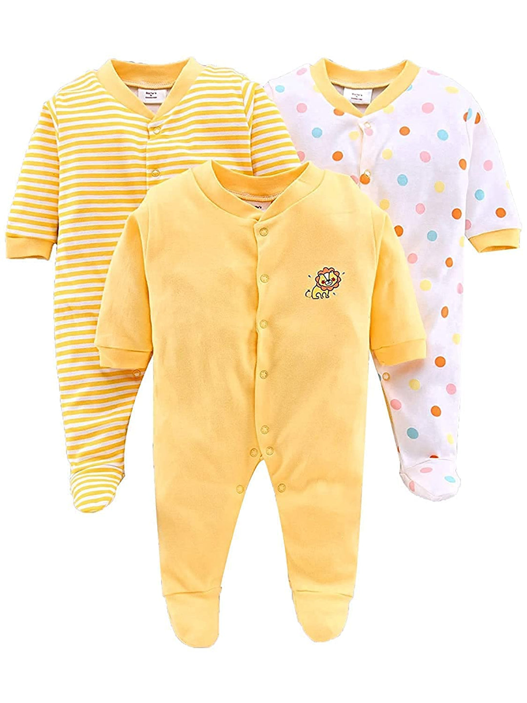 Cotton Full Sleeve Baby Bodysuits Romper for New Born Infant Rompers Sleep Suit for Baby Boys and Baby Girls Footies for Babies Prints Color May Vary Combo Pack of 3