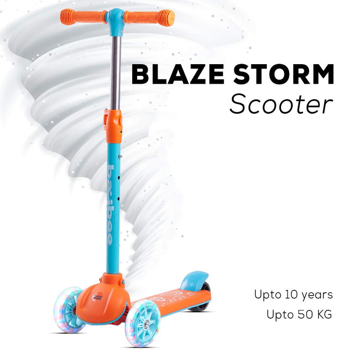 Blaze Storm Scooter for Kids, 3 Wheel Smart Kick Scooter with Fold-able & Height Adjustable Handle, Runner Scooter with Extra-Wide LED PU Wheels & Brake for Kids Age 2-9 Years