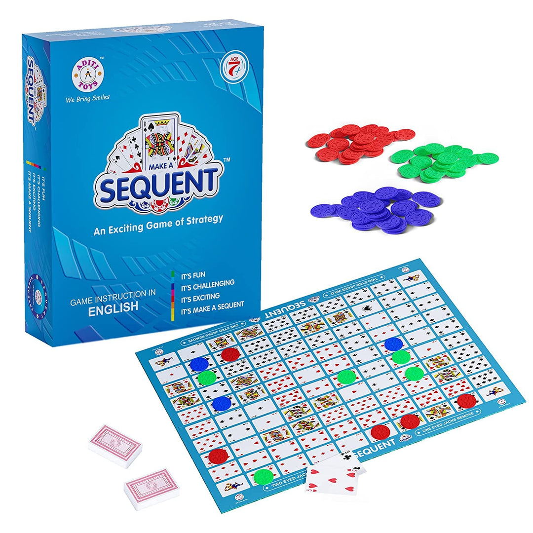 Aditi Toys Make A Sequent Board Game Challenging Logic and Strategy Card Games Foldable Hard Board, Plastic Chips and Playing Card Playset for Kids & Adults Age - 7+ Years|