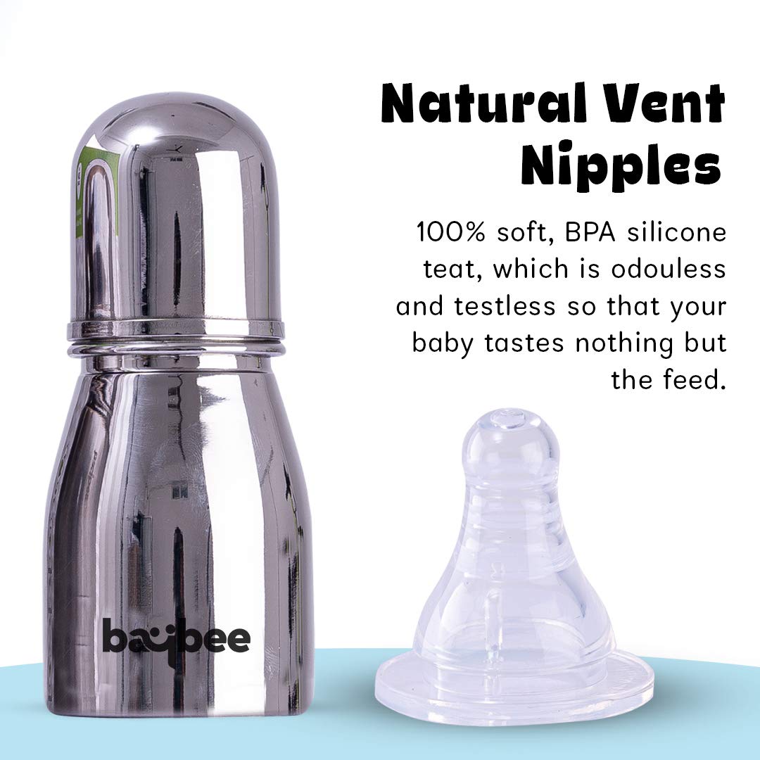 Premium Stainless Steel Feeding Bottle for Baby | Non-Toxic Feeding Bottle for Kids/Baby Silicone Nipple, Milk, Water Feeding Bottle for Babies (Oval, 150 ML)