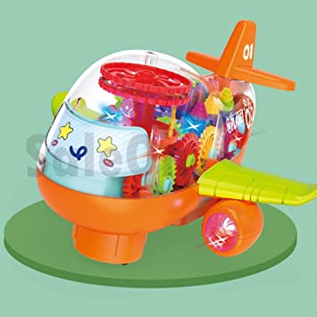 Gear-Gear airplane with Visible Colorful Moving Gears LED Light and Sound Effects, Transparent Toy Vehicle for Toddlers