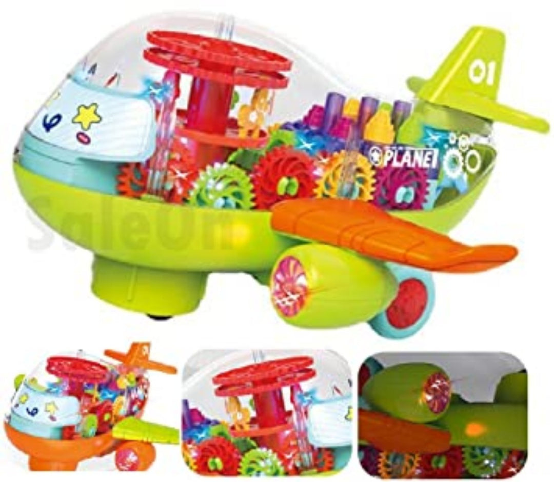 Gear-Gear airplane with Visible Colorful Moving Gears LED Light and Sound Effects, Transparent Toy Vehicle for Toddlers