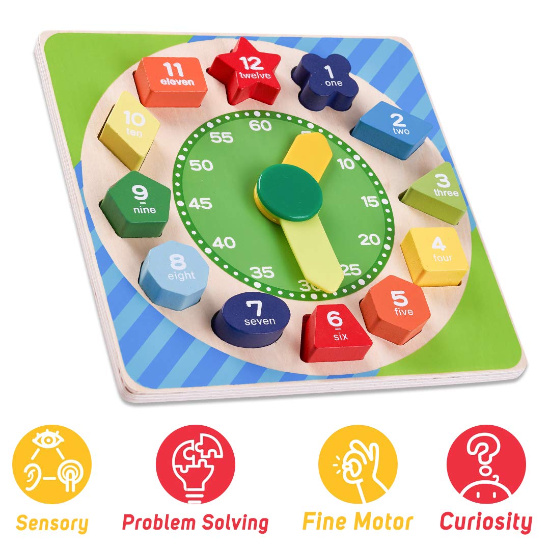 Wooden Clock to Learn Time, Shape & Color, Number and Shape Learning Educational