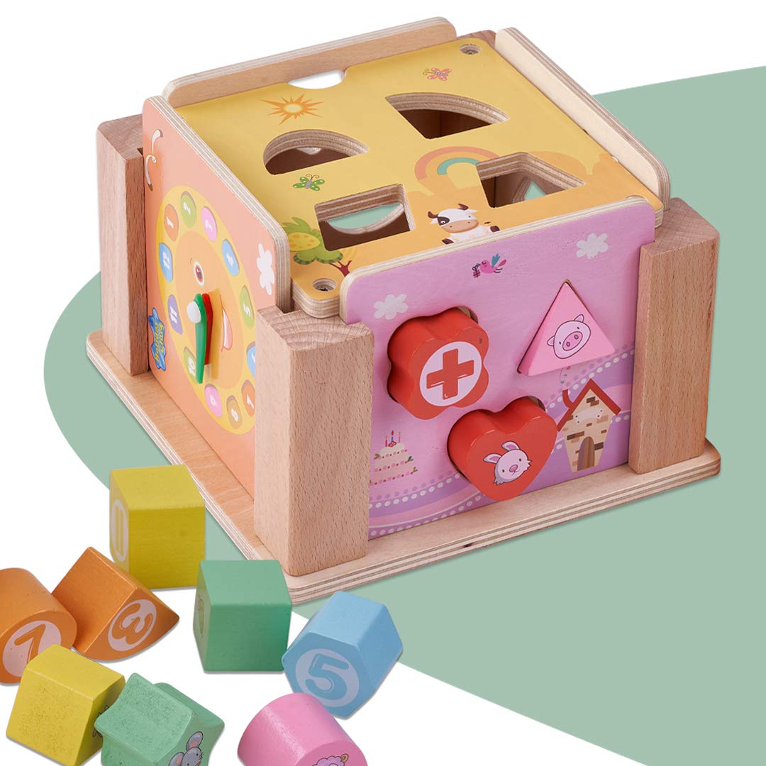 Wooden Colorful Intelligence Box Toys for Kids, Wooden Blocks Shape Matching Kids Toys with 5 Panels & Clock, Early Educational Learning Toy for Kids Boys & Girls