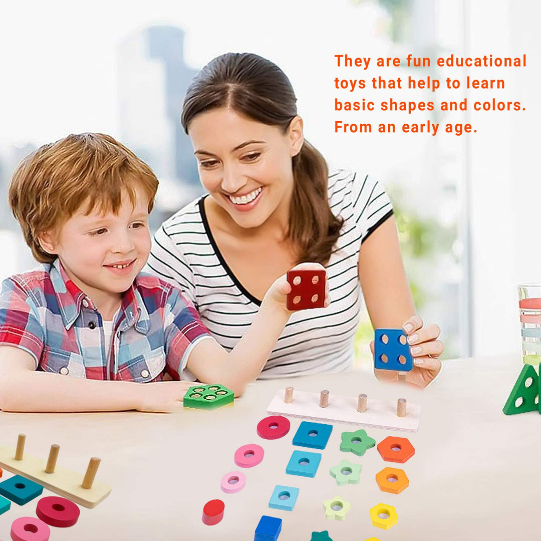 Wooden Shapes & Colour Puzzle Educational Board for Kids with 16 Shapes & 4 Panel Stem with Different Ring Shapes, Children Boys & Girls