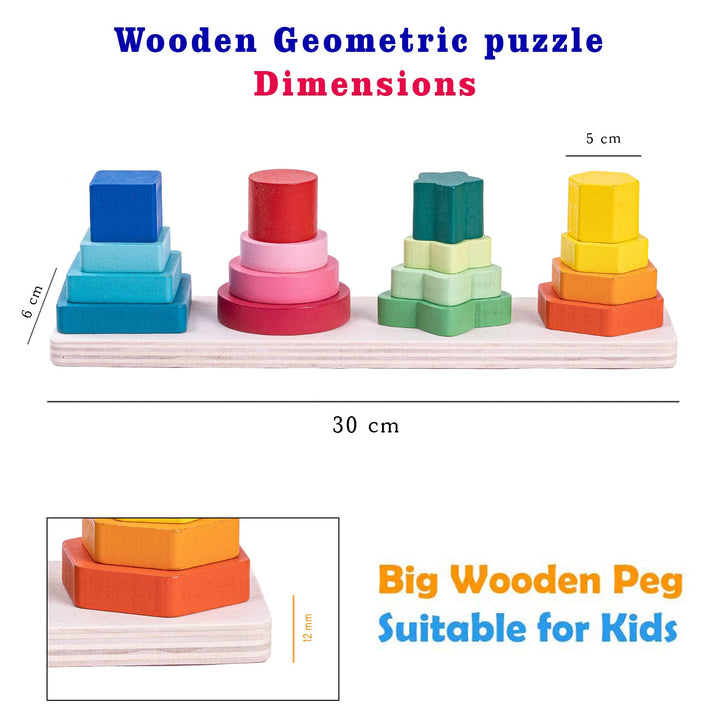 Wooden Shapes & Colour Puzzle Educational Board for Kids with 16 Shapes & 4 Panel Stem with Different Ring Shapes, Children Boys & Girls