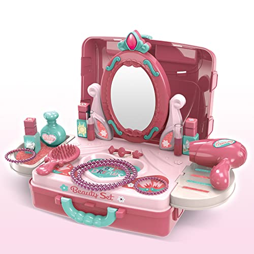 3 in 1 Kids Beauty Makeup Kit Set Toys for Girls, Convertible Dressing Table & Portable Suitcase, Pretend Play Toys with Make up Accessories, Role Play Kids Toys 2+ Years Girls (Pink)