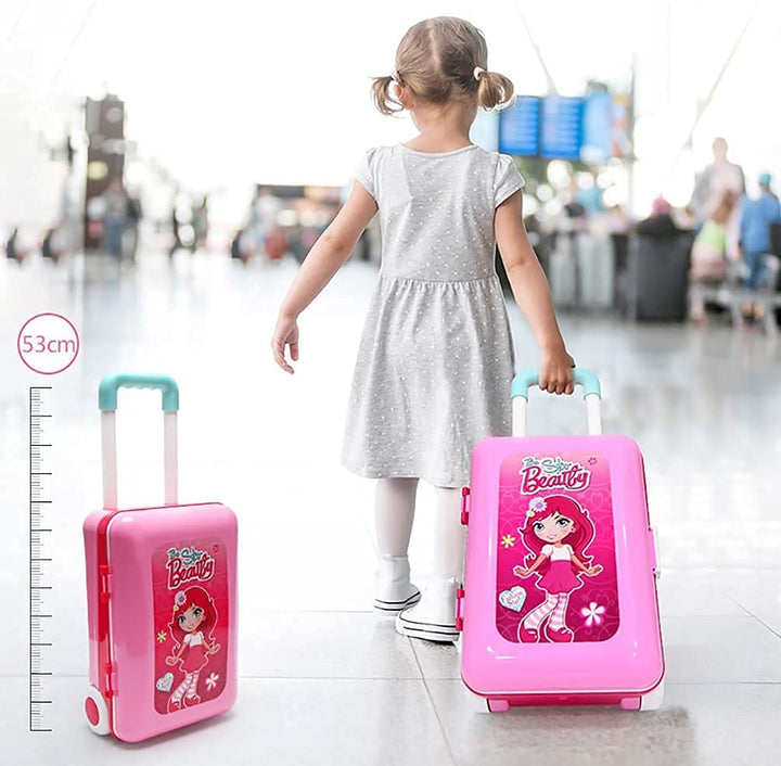 Beauty Play Set / Makeup Kit for Girls / Foldable Table Suitcase Girls Cosmetic Set / Pretend Play with Makeup Accessories / Portable Trolley Bag / Beauty Kit / Beauty Dresser - Pink Color