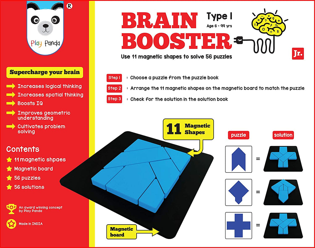 Play Panda Brain Booster Type 1 (Junior) - 56 Puzzles Designed To Boost Intelligence - 11 Magnetic Shapes, Magnetic Board, Puzzles & Solution Book - For Boys & Girls ages 6 to 15 Years, Red