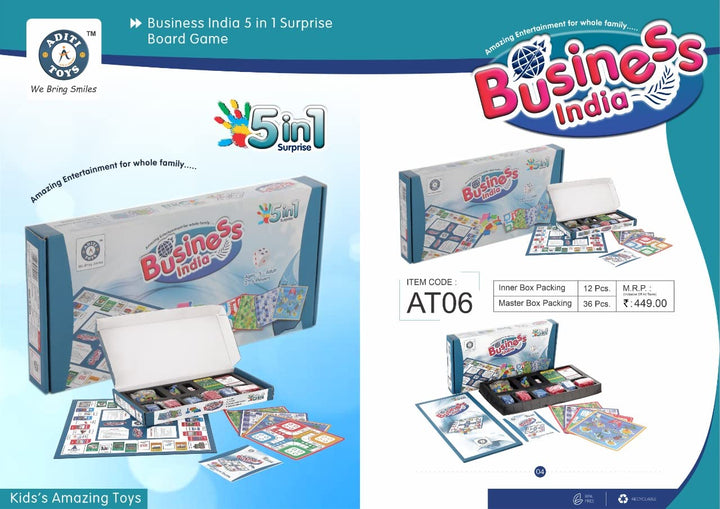Fun Filled Business 5 in 1 Deluxe Game with Plastic Money Coins for Young Businessmen to Learn Trading 2-6 Players Age 8+ Years