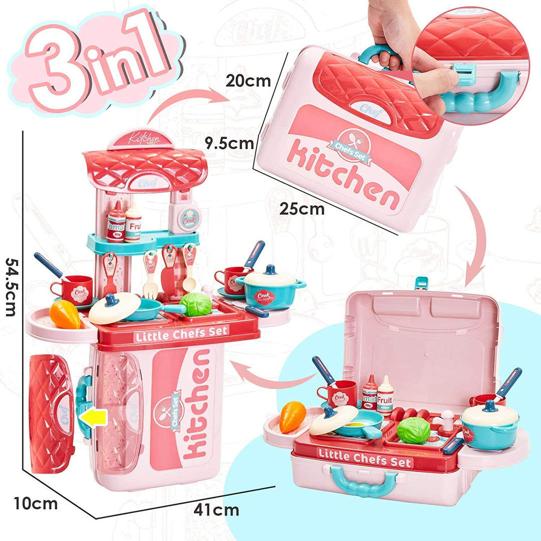 3 in 1 Kitchen Set for Kids, Portable Pretend Play Little Chef Set Toys for Kids with Suitcase, Role Play Cooking Kitchen Set Kids Toys for Girls & Boys (Kitchen Set)