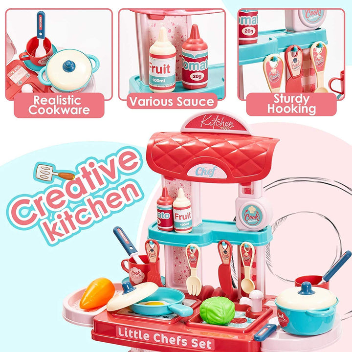 3 in 1 Kitchen Set for Kids, Portable Pretend Play Little Chef Set Toys for Kids with Suitcase, Role Play Cooking Kitchen Set Kids Toys for Girls & Boys (Kitchen Set)